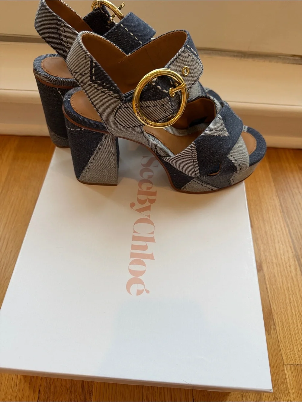 See by Chloe Platform Block Heel Sandals in Blue Denim